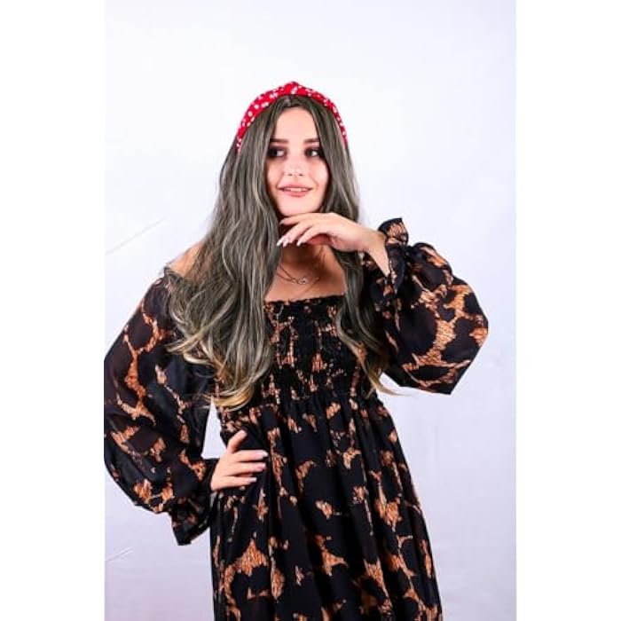 DILLARDS Long Wavy Grey Ombre Synthetic Wig, Heat Resistant, With Red Floral Headband - Image 5